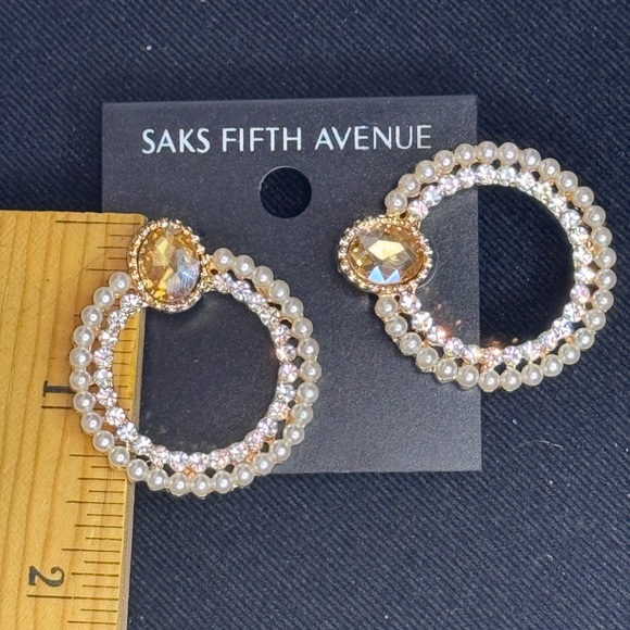 Saks Fifth Ave Champagne Crystal Post With Faux Pearl & Crystal Hoop Earrings - Picture 7 of 8